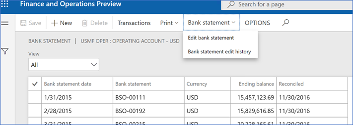 Drop-down list for edit bank statement