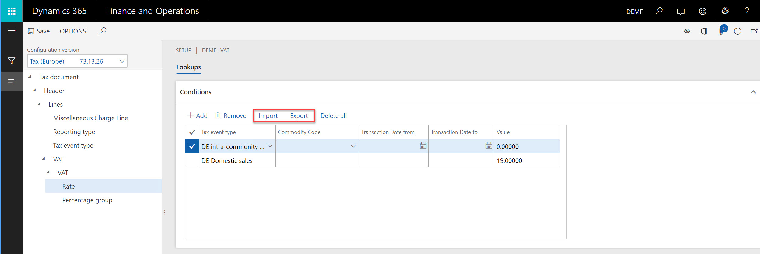 Tax setup import/export