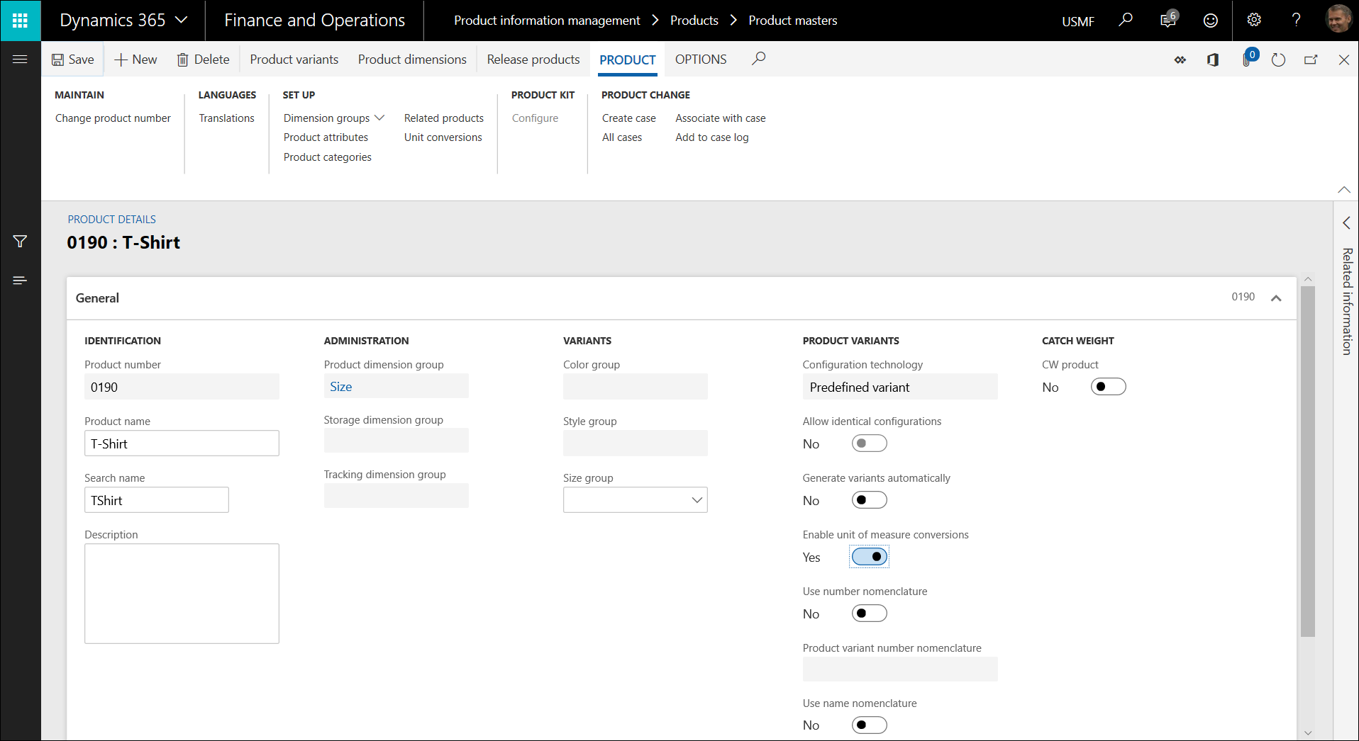 Enabling unit of measure conversions by product variants for a specific product master on the Product details page