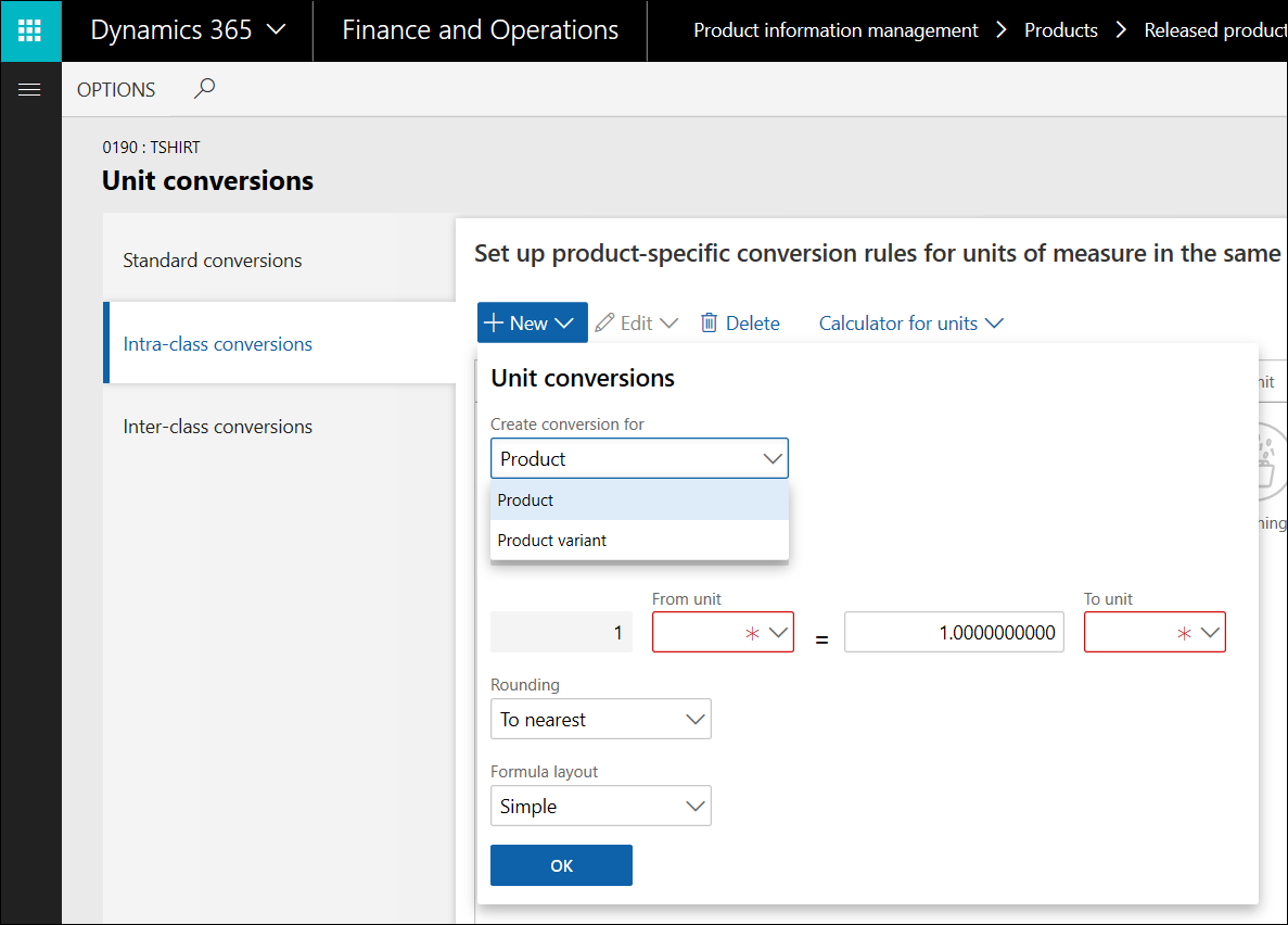 Selecting whether to set up unit of measure conversions for product variants or the product master on the Unit conversions page