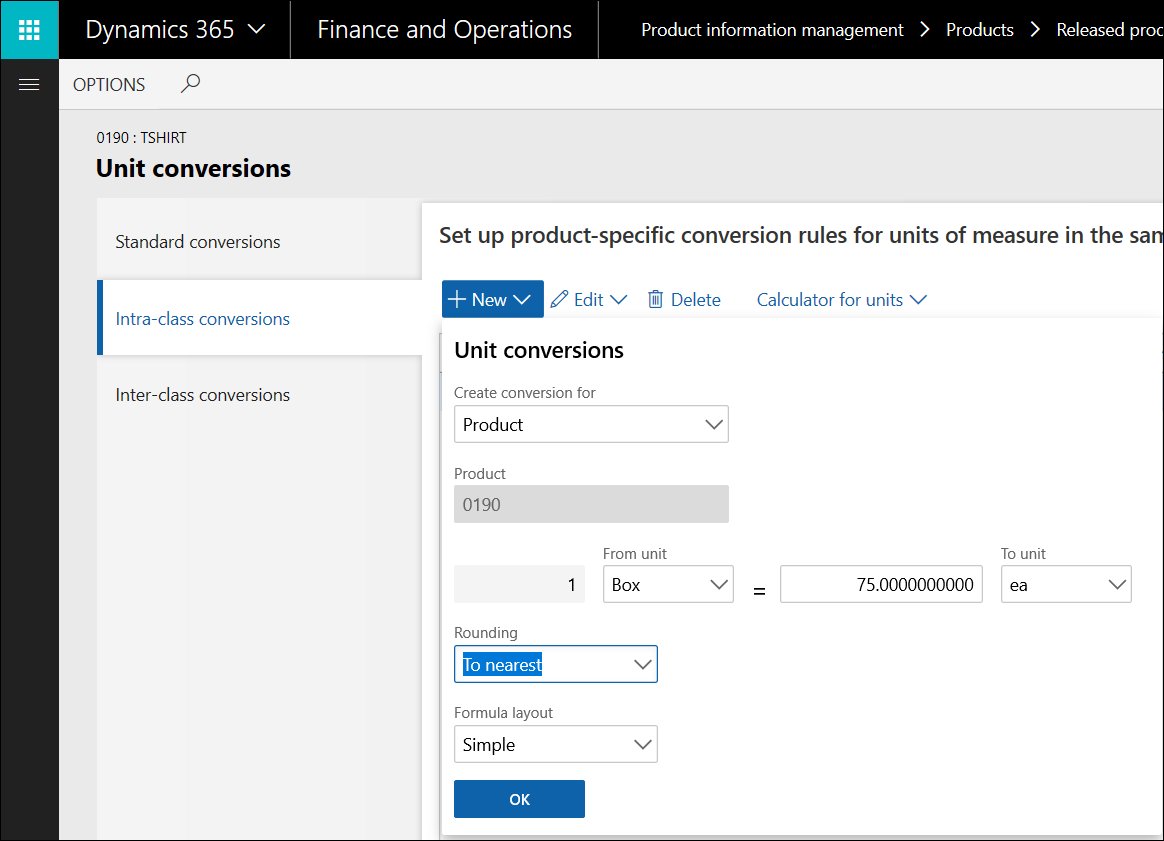 Defining fallback unit of measure conversions for the product master on the Unit conversions page