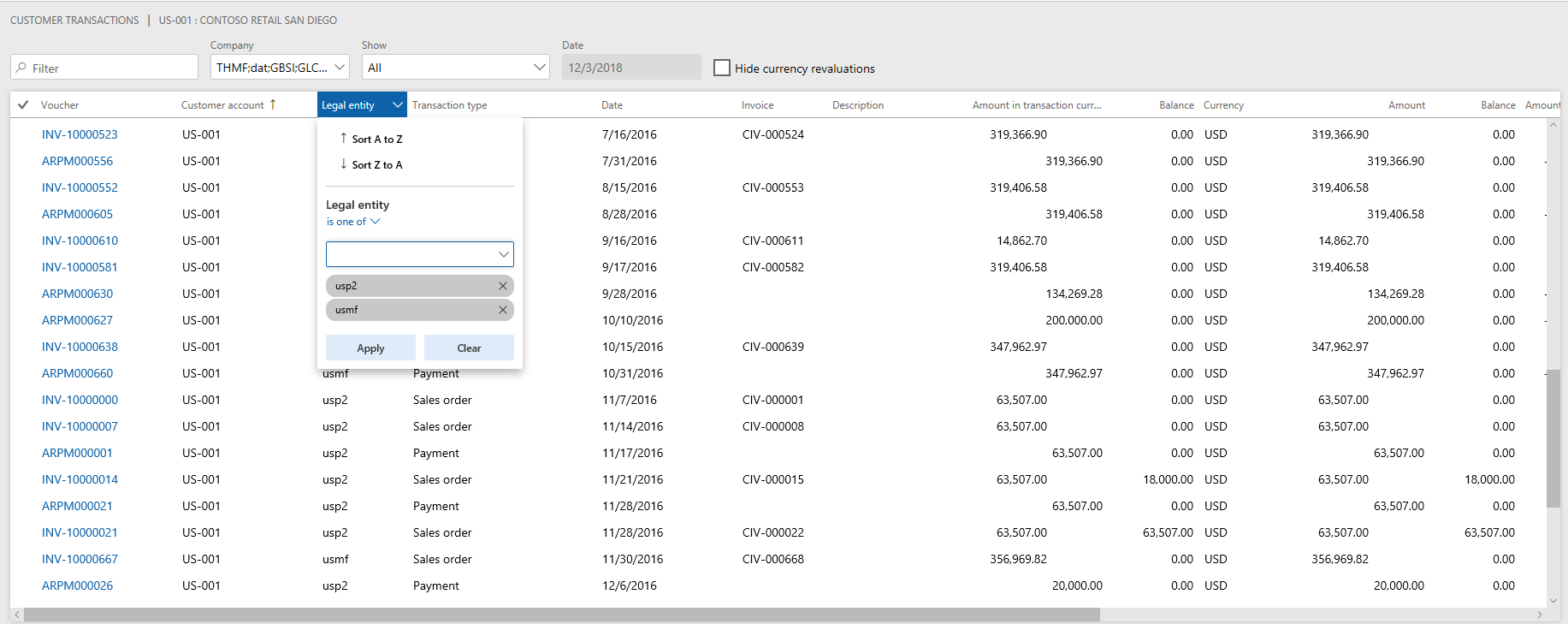 Filter legal entity columns in the same way as any other column