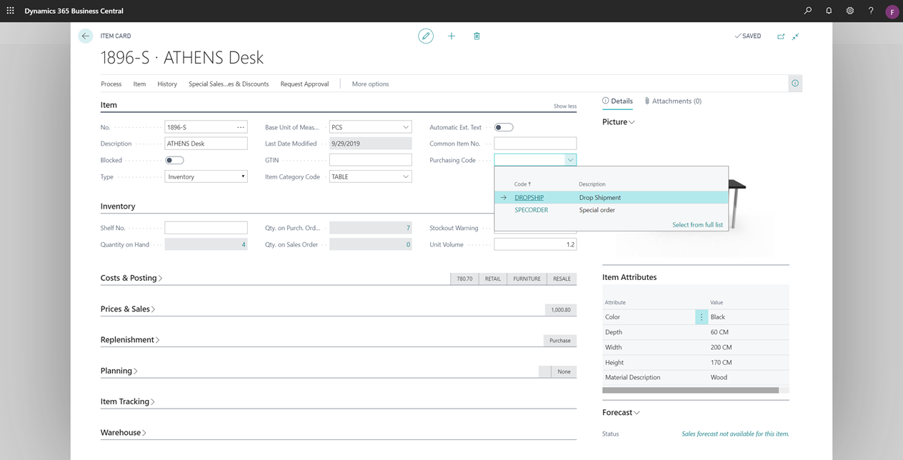 Entering Drop Shipment in the Purchasing Code field