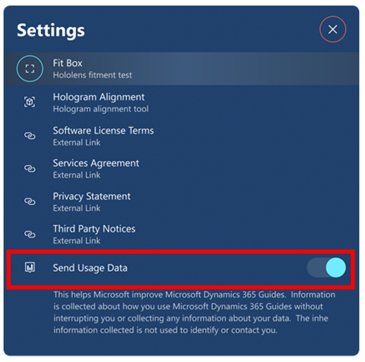 Send usage data HoloLens app setting