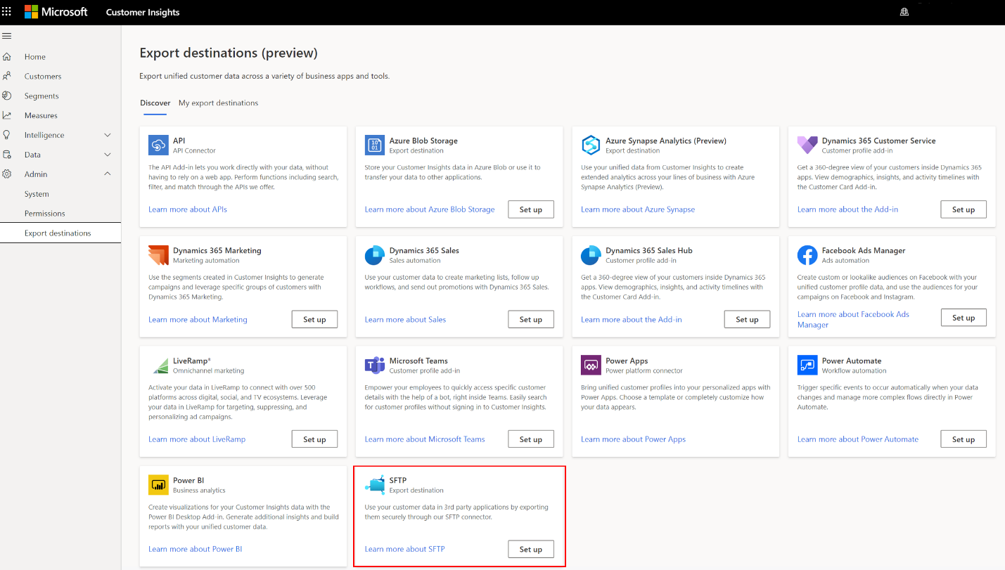 Visual of the export destination page highlighting the SFTP export option