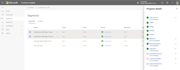 Visual of the show refresh status of segments