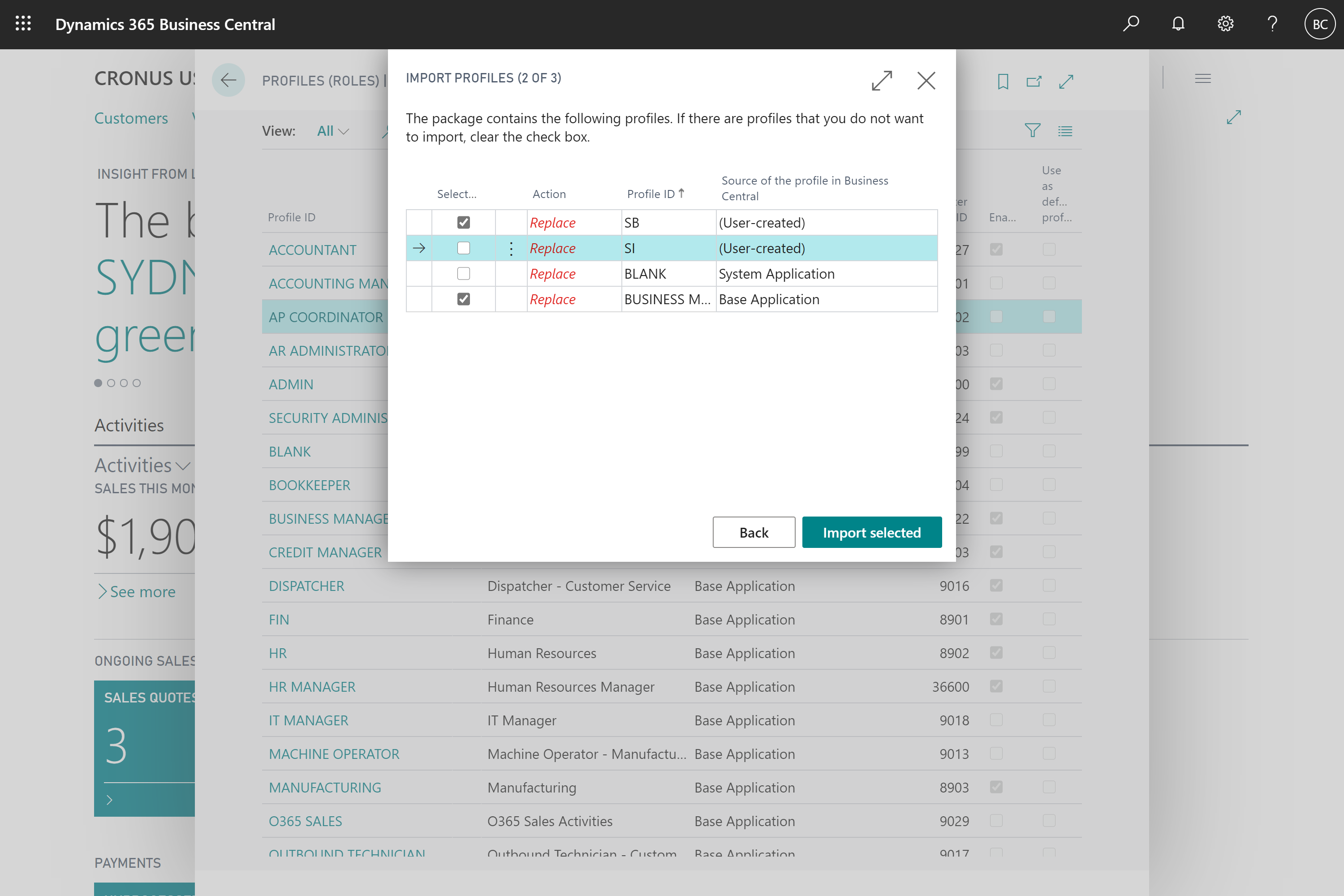 The wizard step that helps you choose which profiles to import