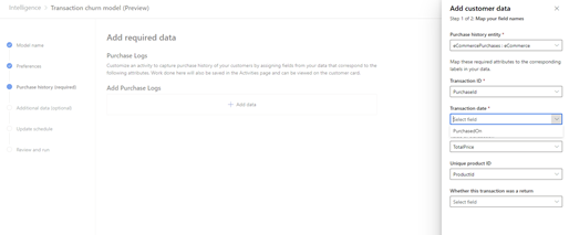 The second step in the wizard Add customer data for transactional churn