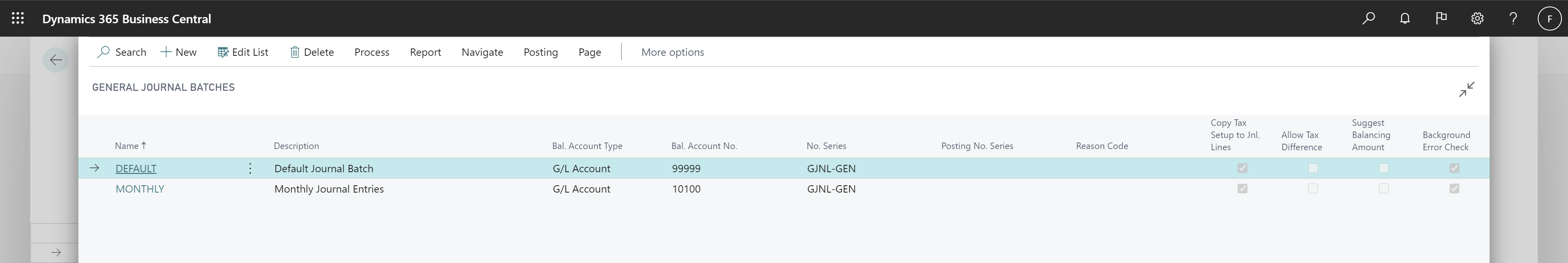 Shows General Journal Batch with Background Error Check column