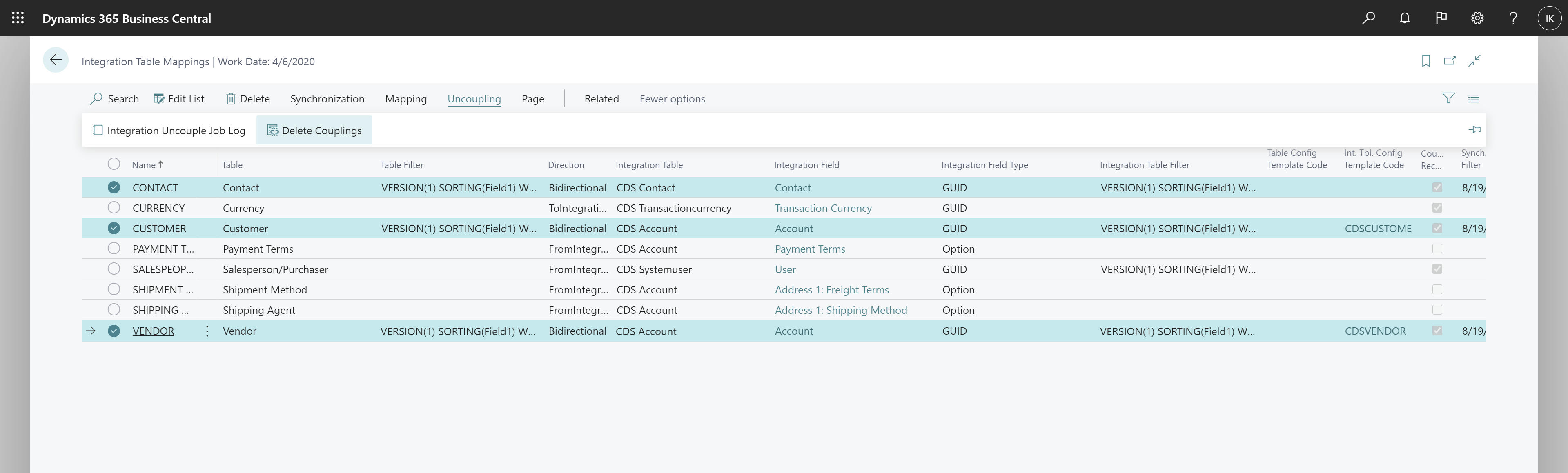 Integration Table Mappings page with Uncoupling action group