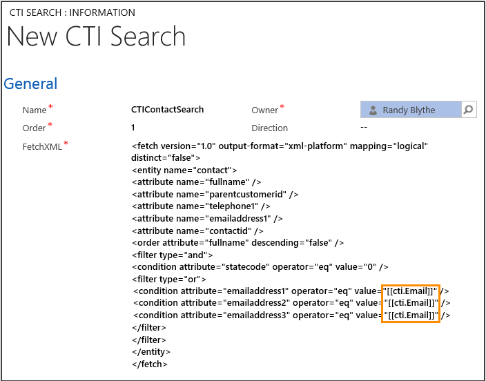 Define a CTI search for contacts.