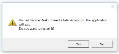 Unified Service Desk exception dialog.