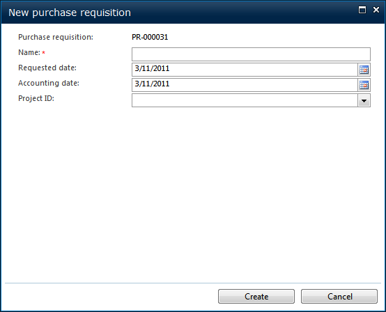 New purchase requistion header creation dialog