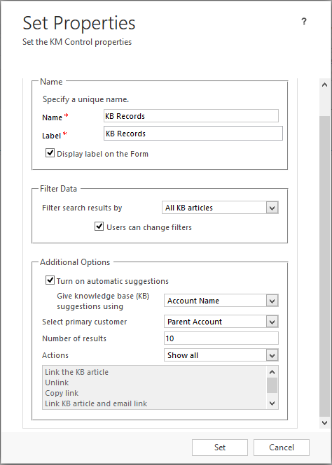 Set properties for Knowledge Base Search control