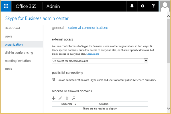 Lync admin center external communications settings