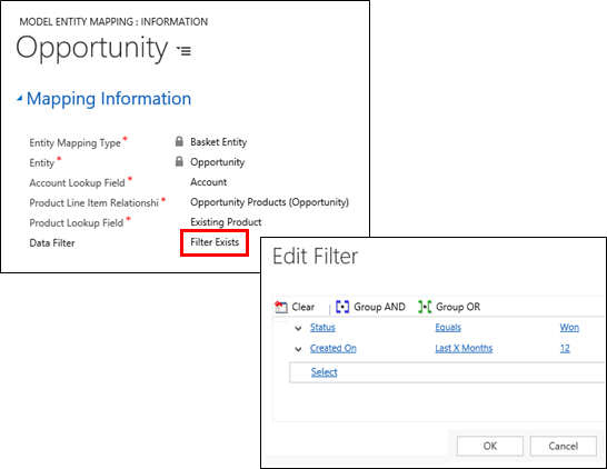 Model entity mapping information and filter