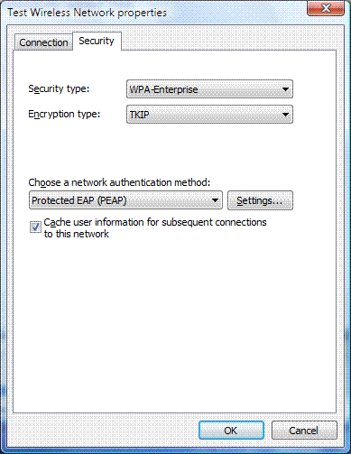 The Security tab for the properties of a wireless network