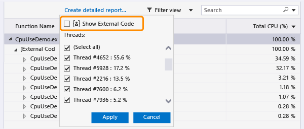 Choose Filter View, then Show External Code