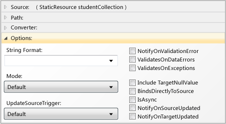 Options pane of the data binding builder