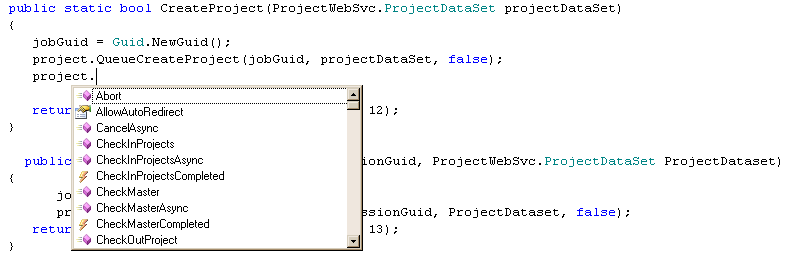 IntelliSense list of Project class members