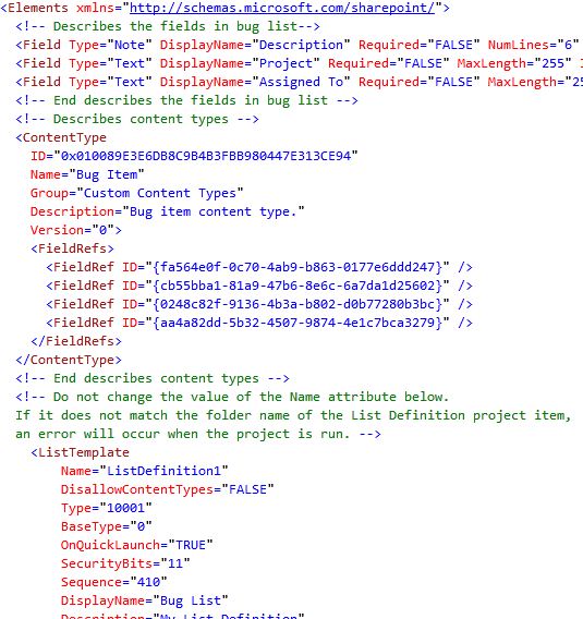 Elements.xml file after inserting code