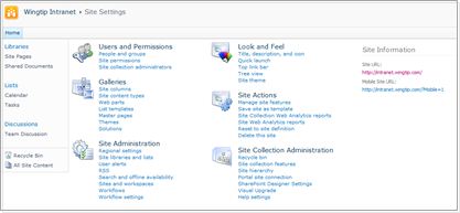 Site Settings page