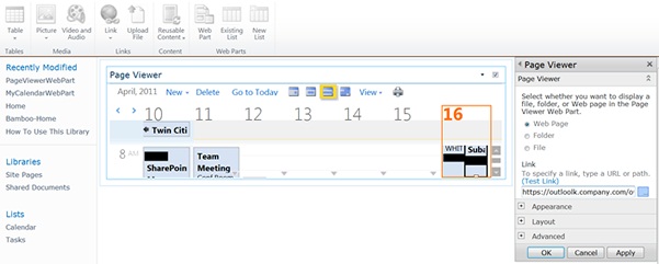 Example Page Viewer Web Part showing a Calendar