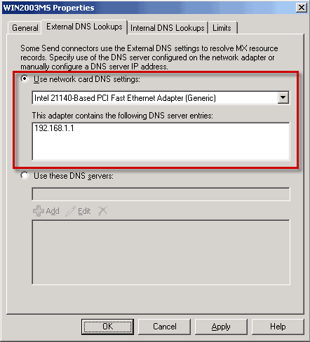 External DNS Lookups set to use network card