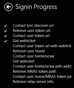 Lync PCD features Sign in progress screen shot