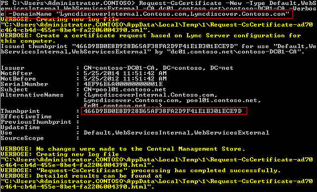 Output from cert request using Request-CsCertifica