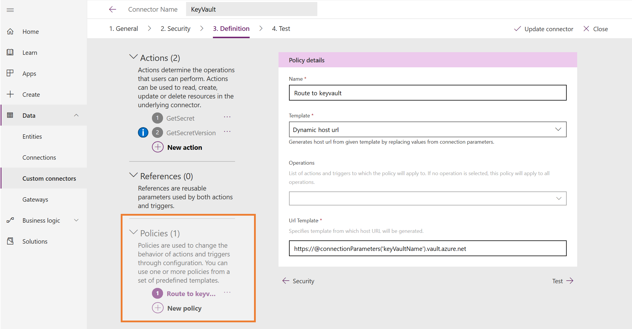 Policy in custom connector