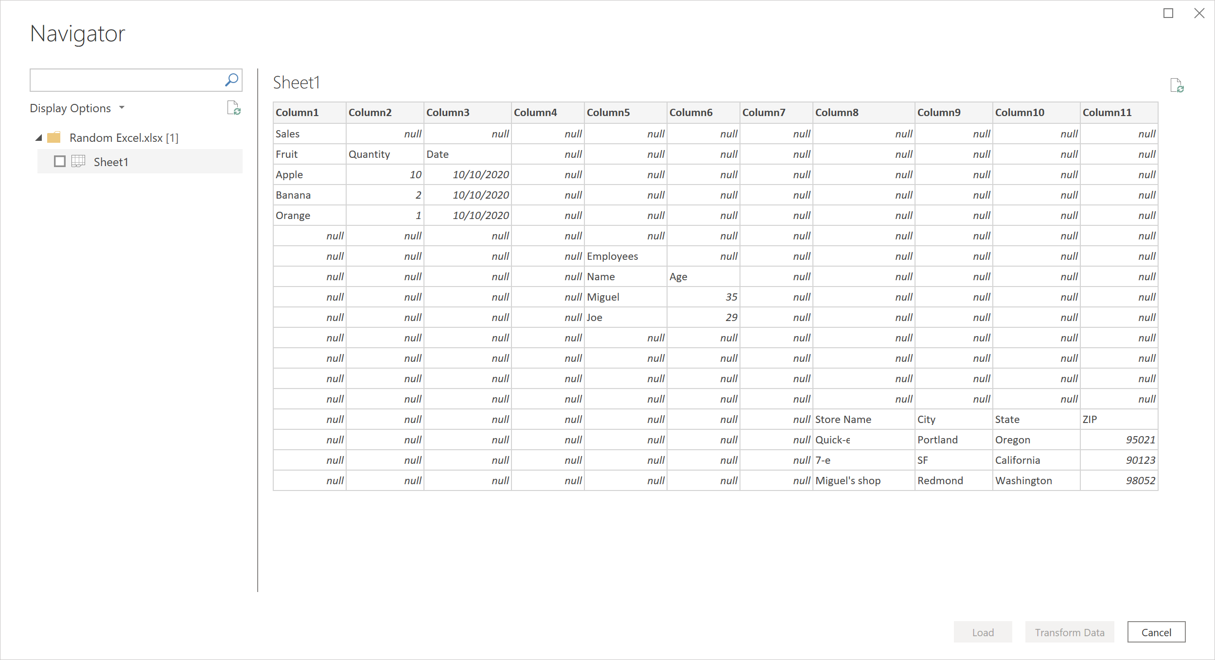 Excel connector results before this feature.