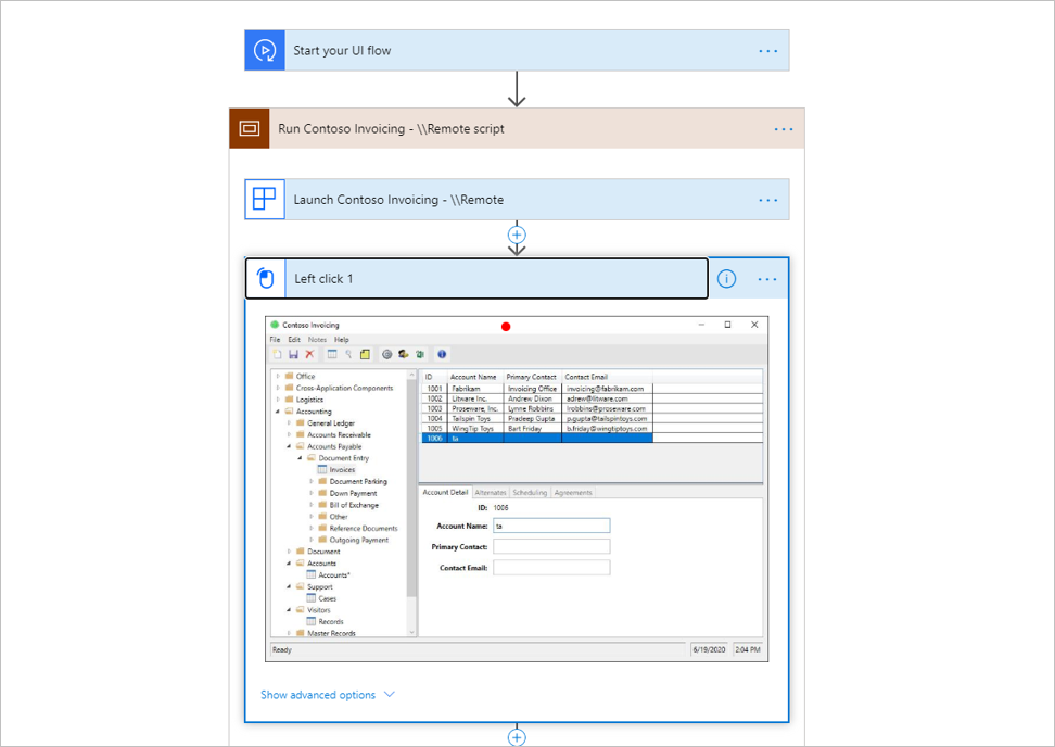 Contoso actions in a UI flow with a recording of a Citrix remote app