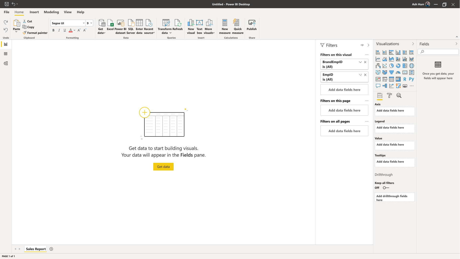 Power BI Desktop canvas with new guides for getting data