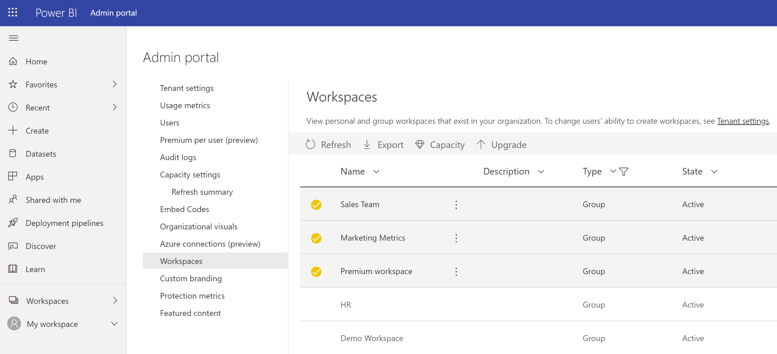 The upgrade option available for classic workspaces in the Power BI admin portal workspaces list.