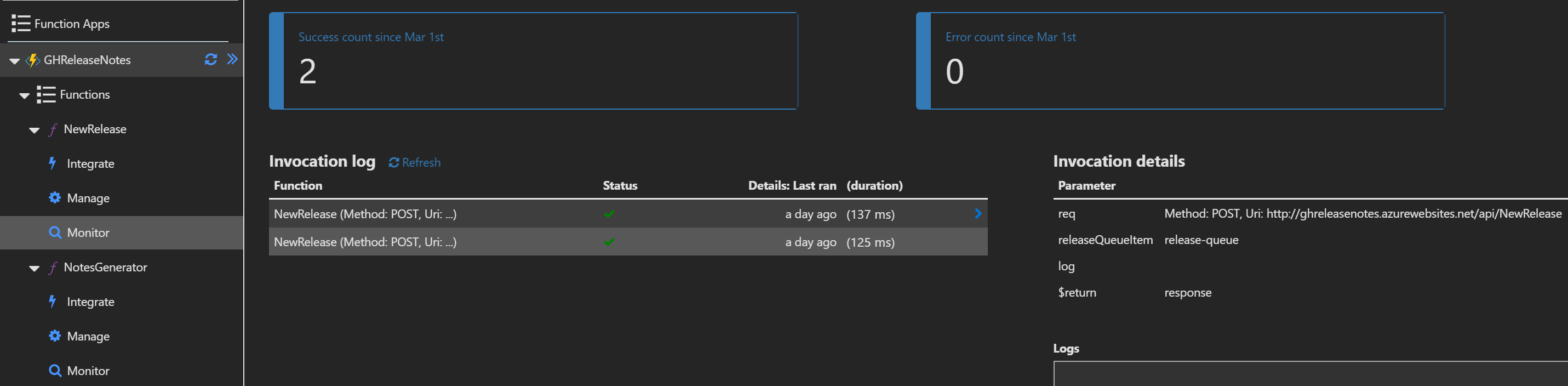 Function execution history