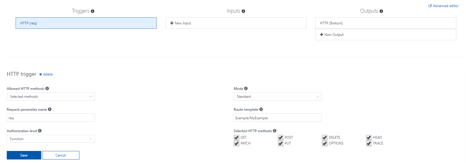 Azure Functions HTTP methods inside the portal