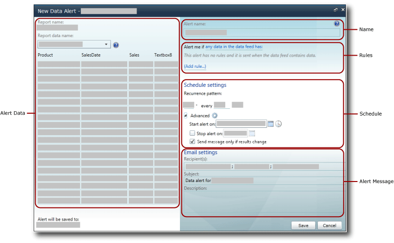 Areas within the Alert Designer user interface