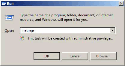 Screenshot of a run command with inetmgr exe