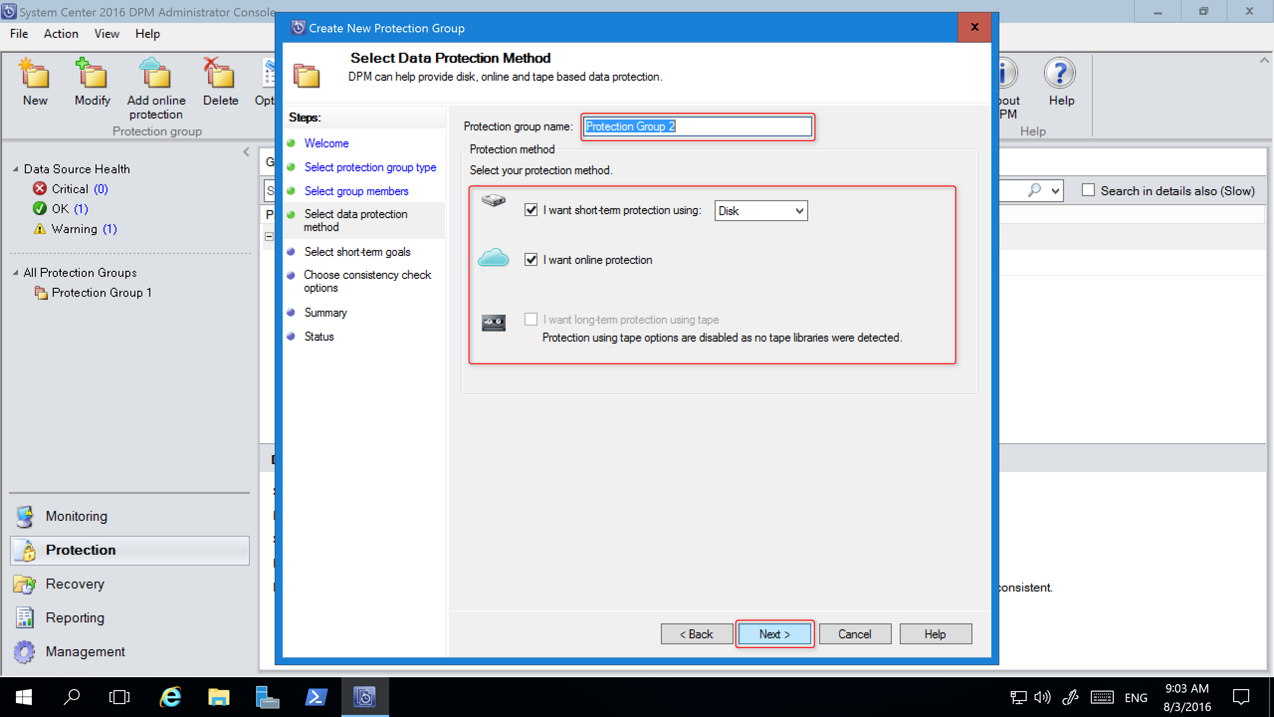 Screenshot showing how to select data protection method.