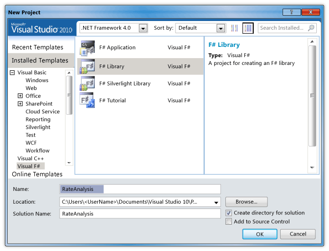 New Project Dialog with F# Library selected