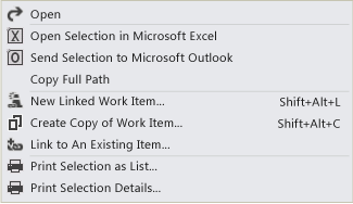 Team Explorer Work Item Shortcut Menu