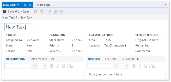 Work Item Form for Task