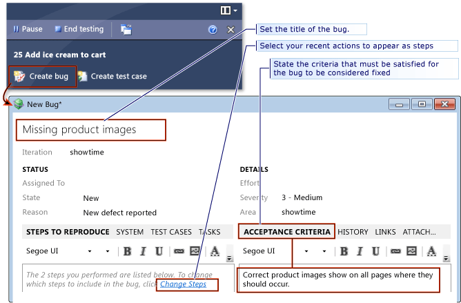 Creating a bug from an exploratory session.