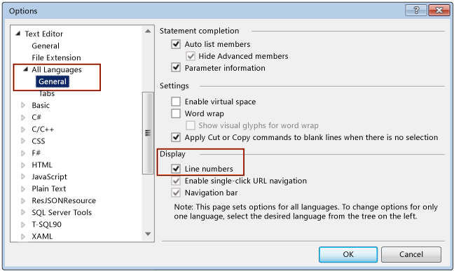 Options for displaying line numbers in the editor