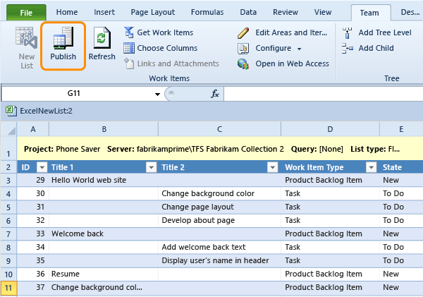 Publish a tree list of work items