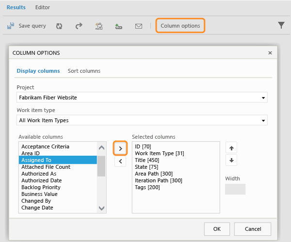 Display columns tab in Column Options dialog box