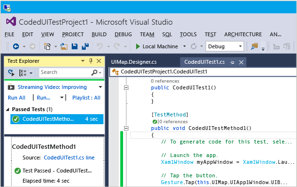 Passed test displays in Test Explorer