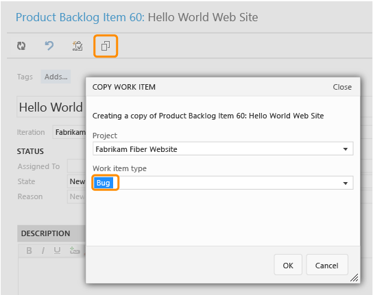 Copy a work item and specify a new type