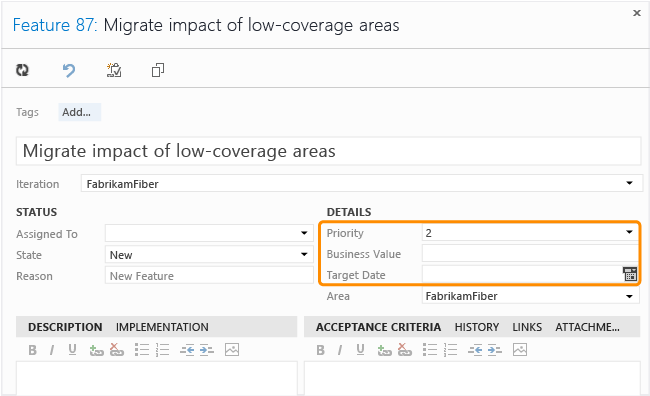 Feature work item form